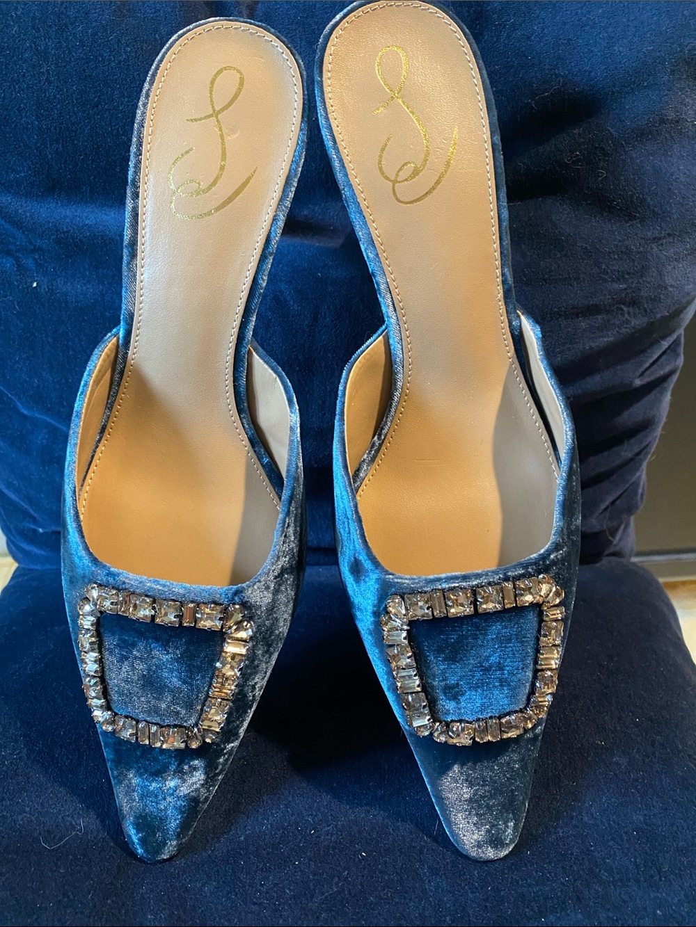 Sam Edelman Blue Velvet Pointed Crystal-Buckle Mules - Picture 2 of 4
